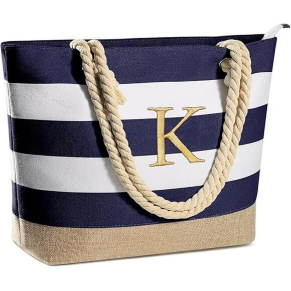 Personalized initial canvas beach tote bag waterproof zipper travel gift for wom - Picture 7 of 7